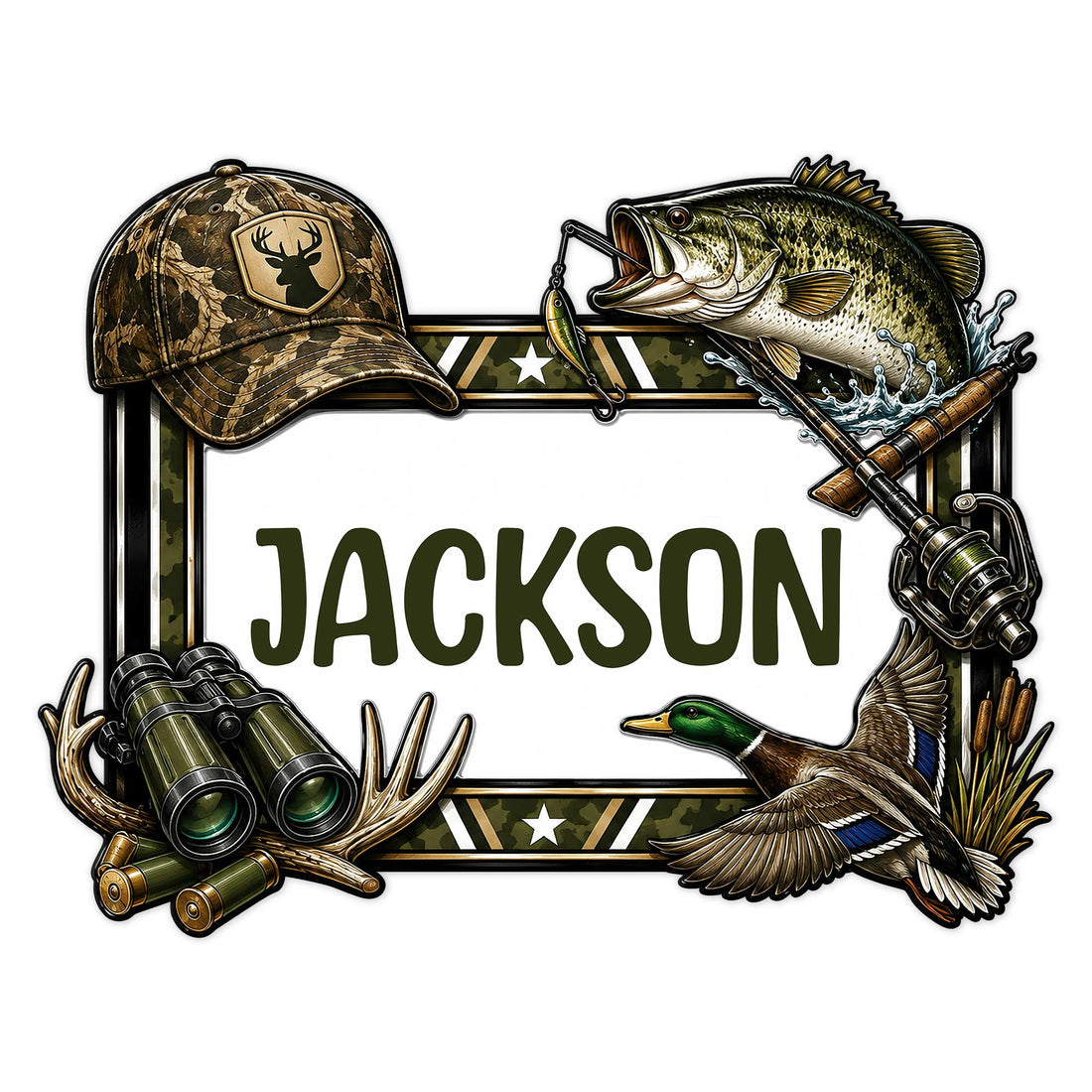 Custom hunting and fishing metal sign featuring a bass, mallard, camouflage cap, binoculars, and fishing rod
