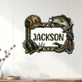 Hunting and fishing metal wall sign displayed on a light wood-paneled wall in a home decor setting
