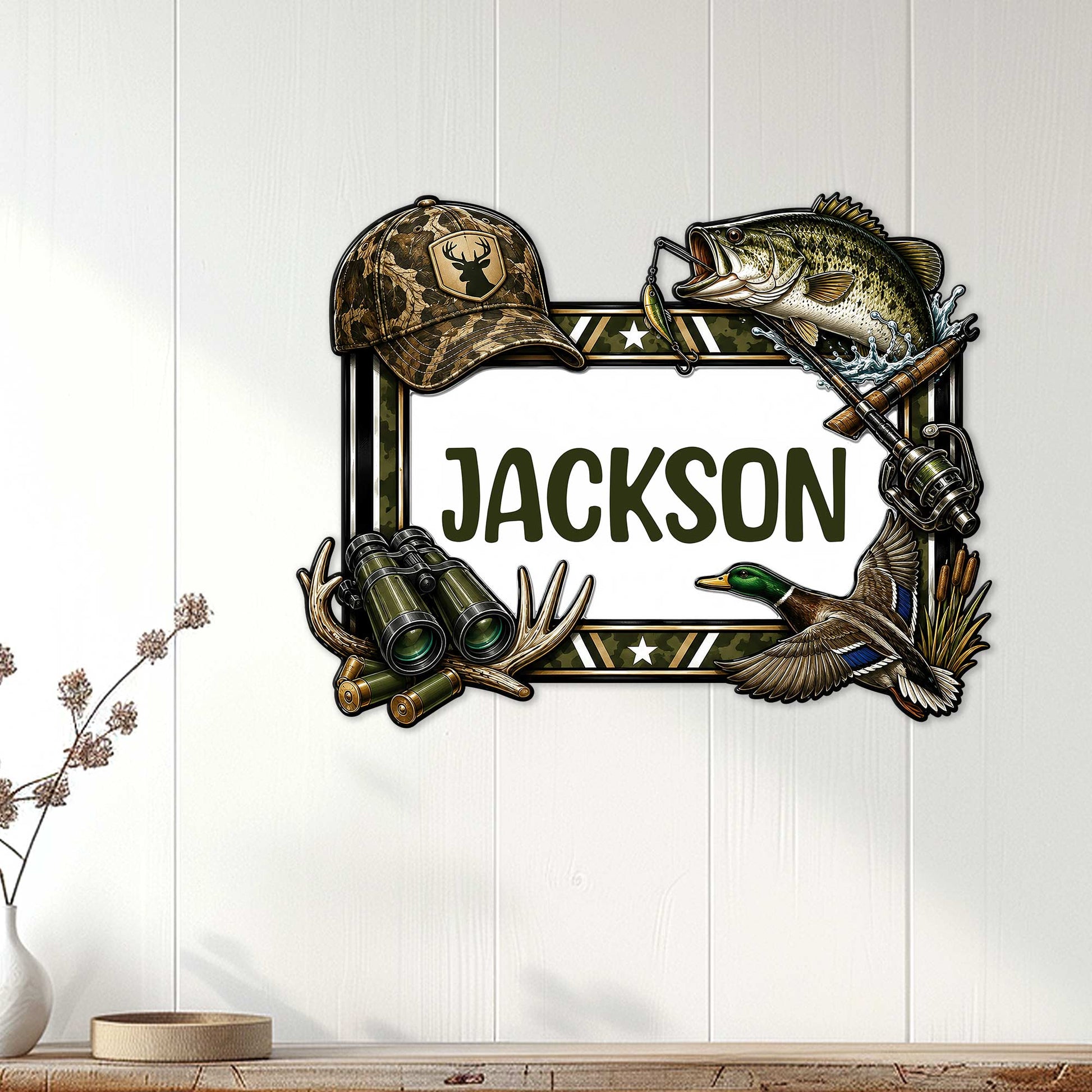 Hunting and fishing metal wall sign displayed on a light wood-paneled wall in a home decor setting