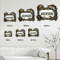 Hunting and fishing metal sign size guide showing available square sizes from 8 by 8 to 24 by 24 inches