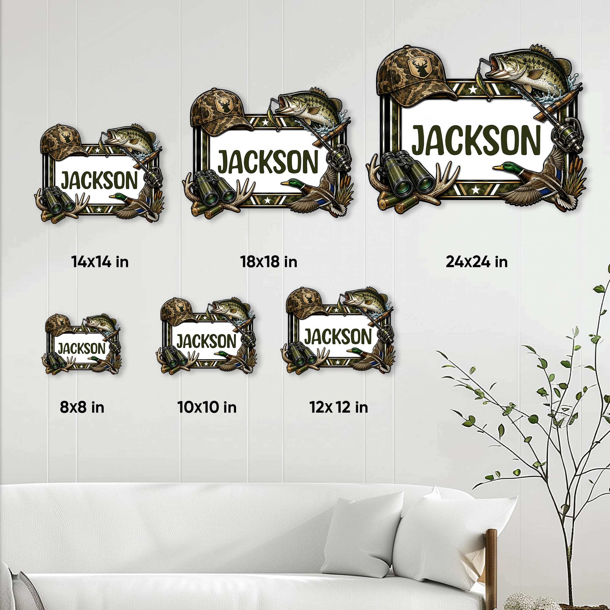 Hunting and fishing metal sign size guide showing available square sizes from 8 by 8 to 24 by 24 inches