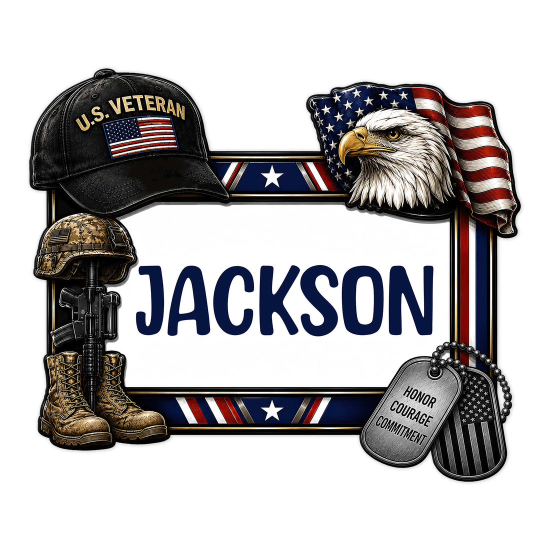 Custom veteran metal sign featuring an American eagle, waving flag, military helmet, rifle, boots, and dog tags