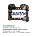 Veteran cut metal sign displayed with an American eagle, flag, military gear, and available size options
