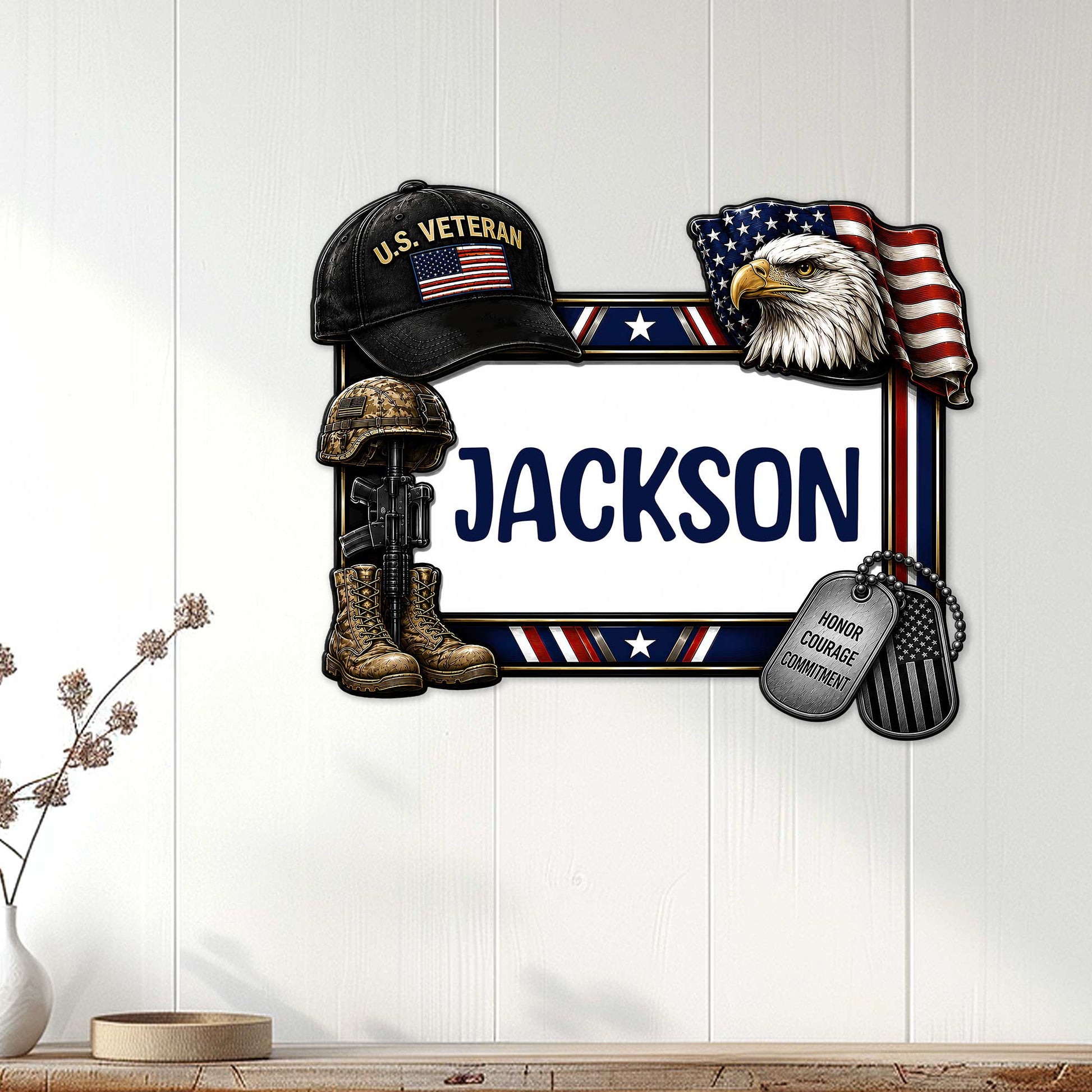 Patriotic veteran wall sign mounted on a light wood-paneled wall with eagle, flag, helmet, boots, and dog tags