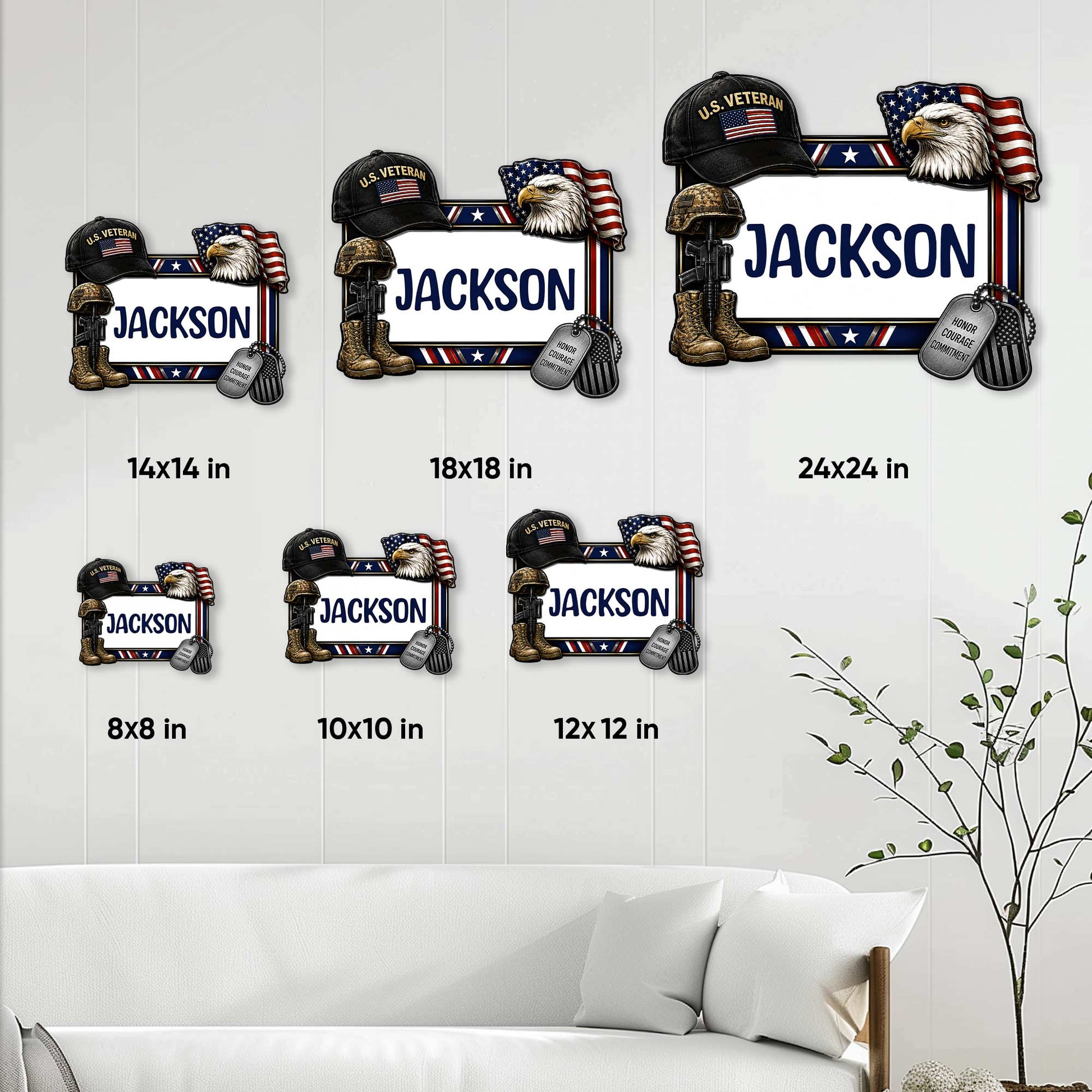 Veteran metal sign size guide showing square options from 8 by 8 inches to 24 by 24 inches