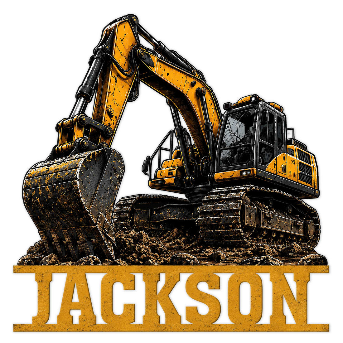 Bold yellow excavator metal sign artwork with a tracked construction machine and rugged industrial styling