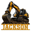 Bold yellow excavator metal sign artwork with a tracked construction machine and rugged industrial styling