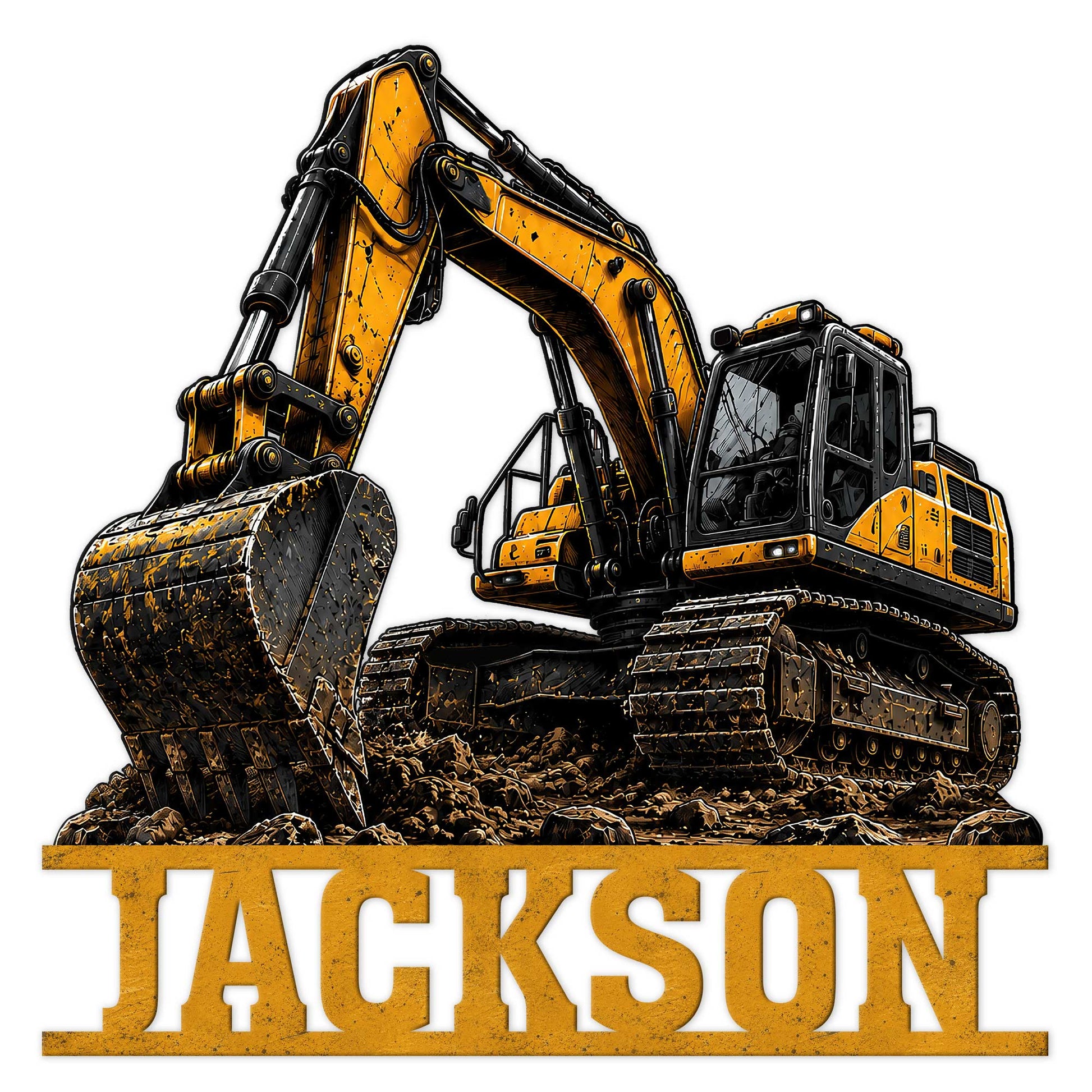 Bold yellow excavator metal sign artwork with a tracked construction machine and rugged industrial styling