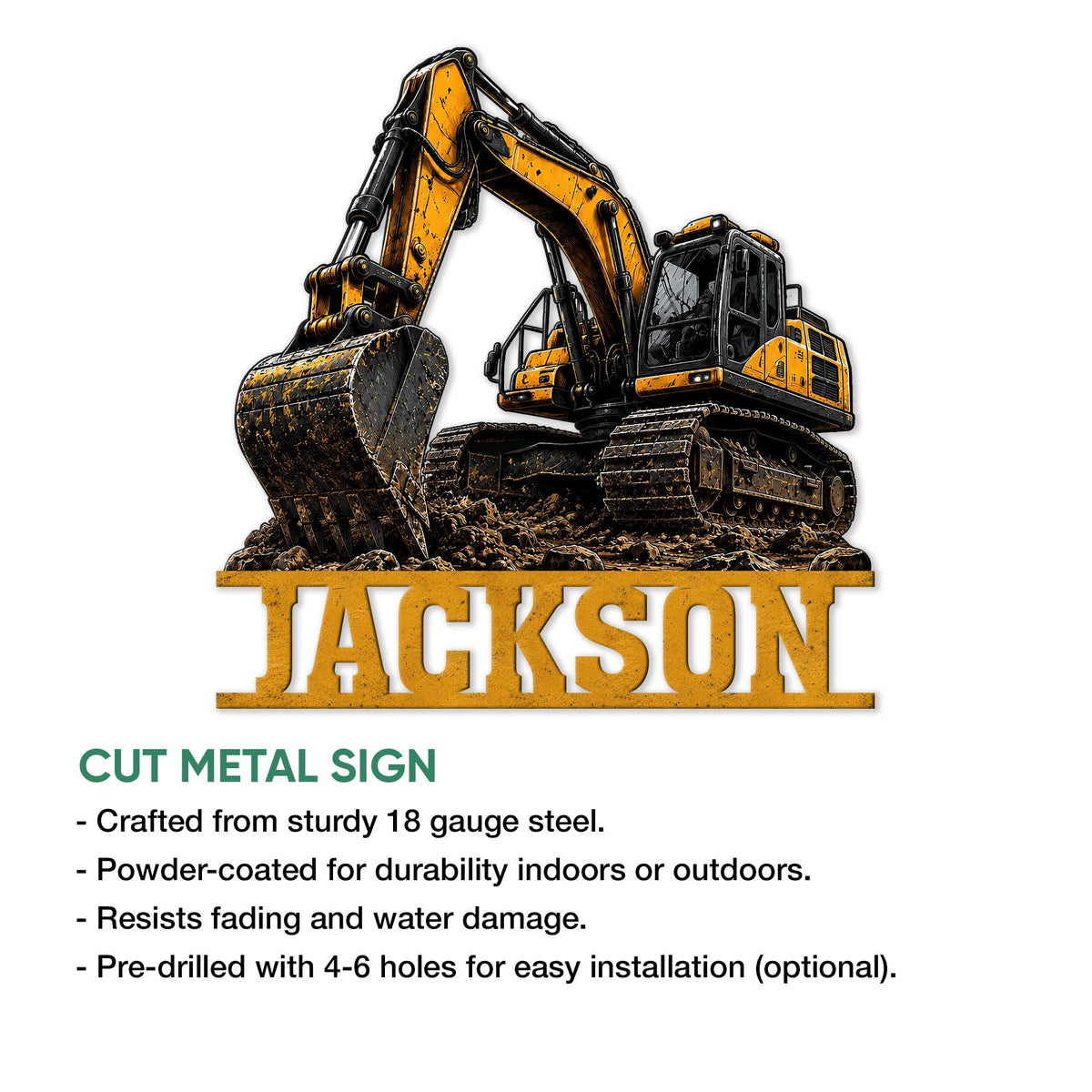 Custom excavator metal sign featuring a detailed tracked digger and cut-metal wall decor presentation