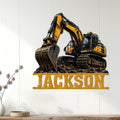 Excavator wall sign displayed on a light wood-paneled wall in a modern home interior