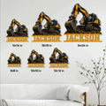 Excavator metal sign size guide showing six available square dimensions from 8 by 8 to 24 by 24 inches