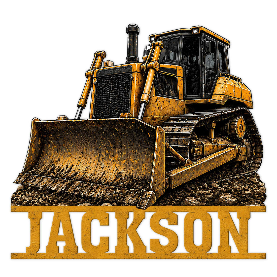 Custom bulldozer metal sign featuring a detailed tracked construction vehicle and bold industrial wall art
