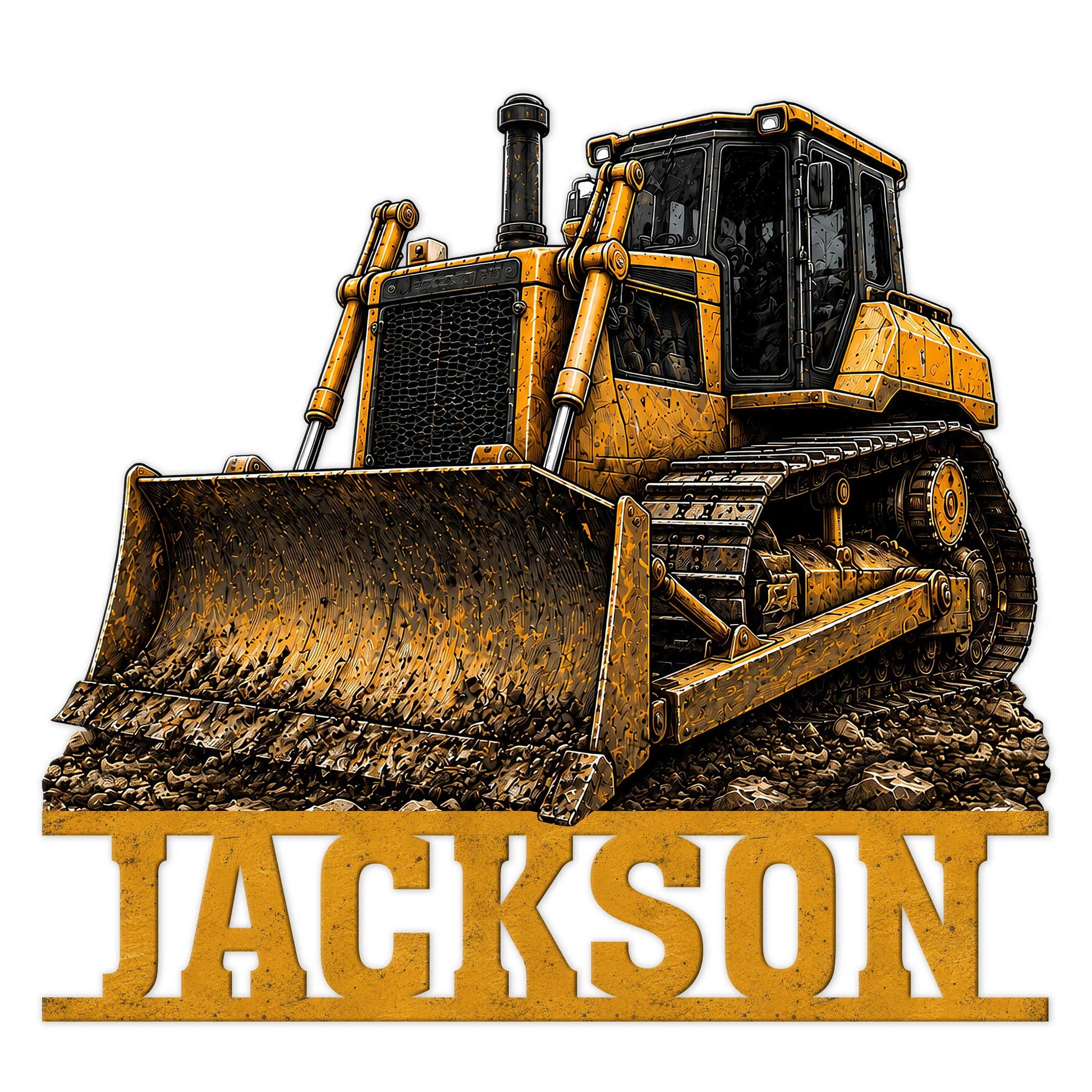 Custom bulldozer metal sign featuring a detailed tracked construction vehicle and bold industrial wall art