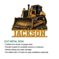 Bulldozer construction metal sign shown with a cut-metal sign feature guide and bold industrial artwork