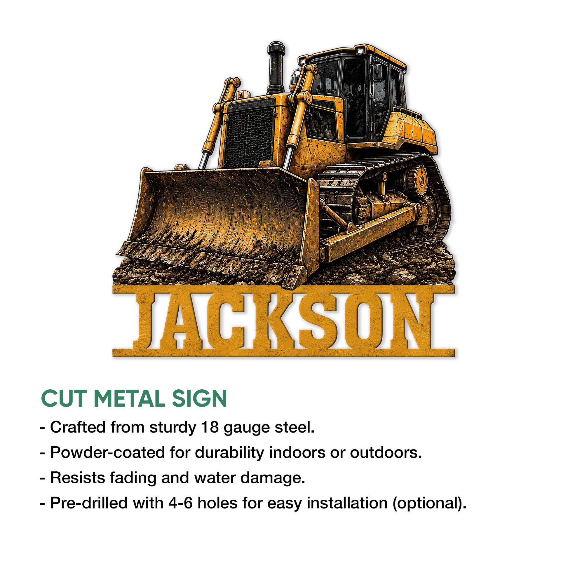 Bulldozer construction metal sign shown with a cut-metal sign feature guide and bold industrial artwork