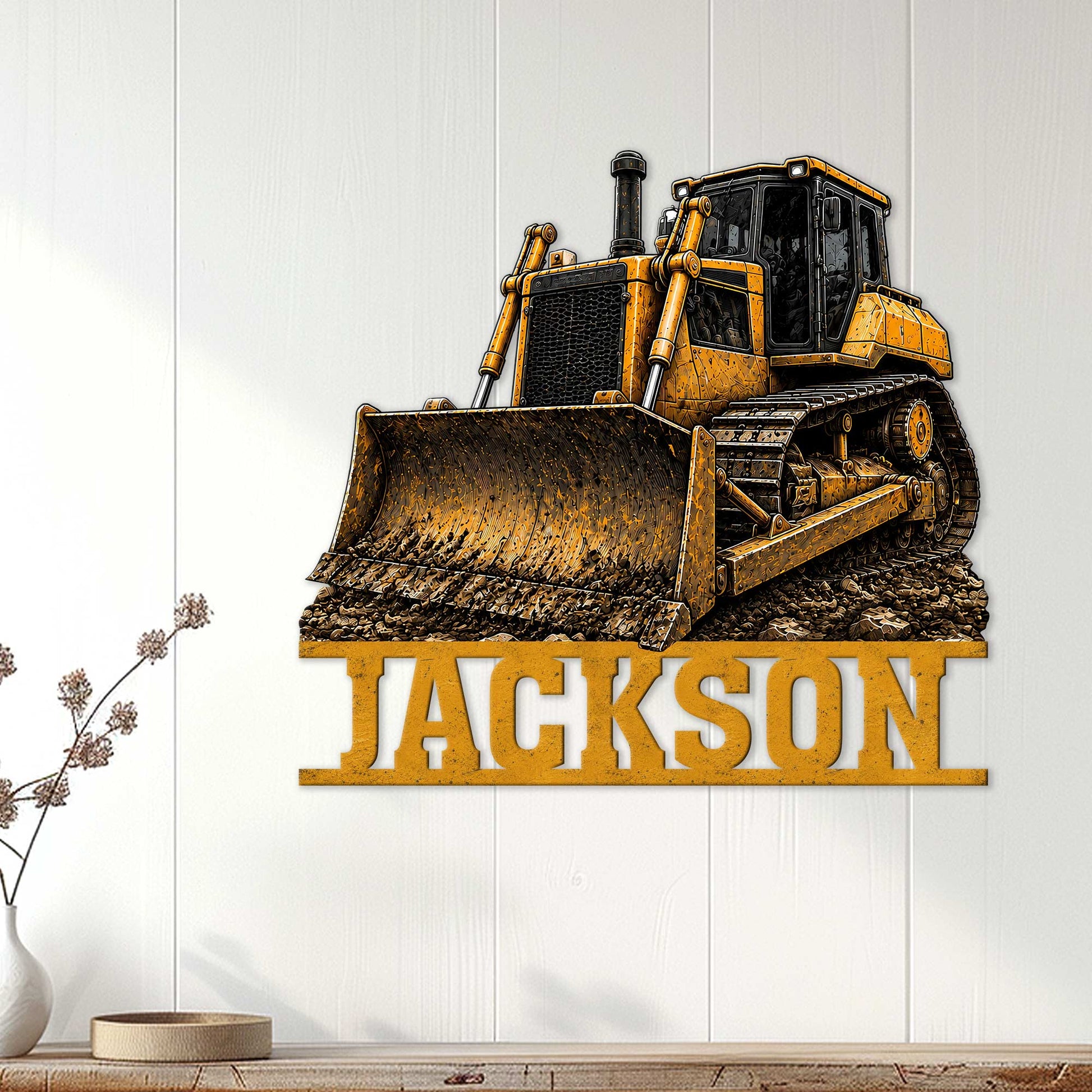 Bulldozer metal wall sign displayed on a light wood wall as construction-themed home decor