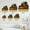 Bulldozer metal sign size guide showing multiple square size options for construction wall decor