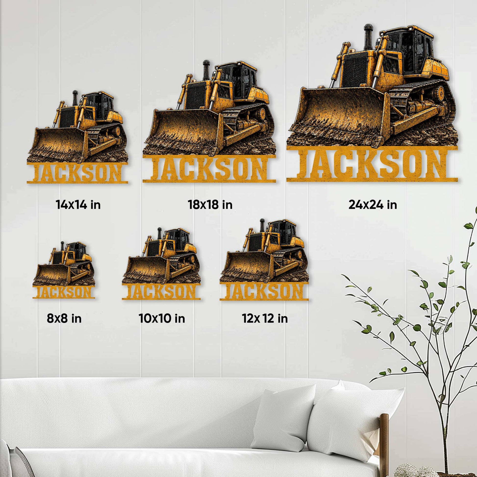 Bulldozer metal sign size guide showing multiple square size options for construction wall decor