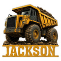 Detailed yellow mining dump truck metal sign with rugged tires, rocky terrain, and bold construction artwork