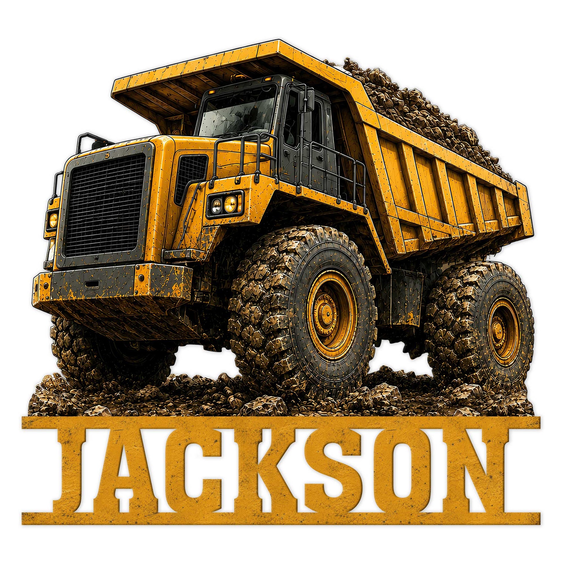 Detailed yellow mining dump truck metal sign with rugged tires, rocky terrain, and bold construction artwork