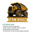 Construction dump truck metal sign shown with a cut-metal design and heavy equipment artwork