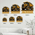 Construction dump truck sign size guide showing several square size options for wall display