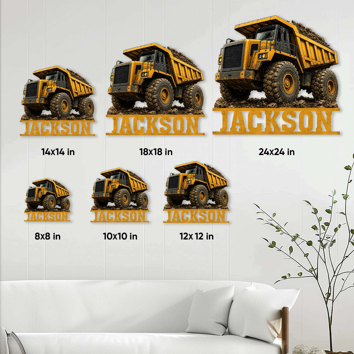 Construction dump truck sign size guide showing several square size options for wall display