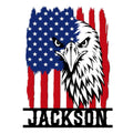 Patriotic eagle metal sign featuring a bold bald eagle over a red, white, and blue American flag design