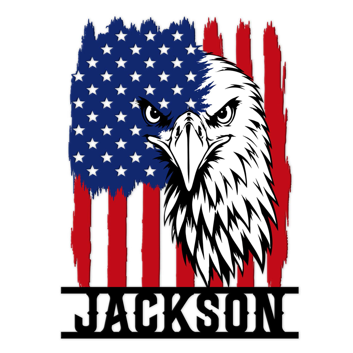 Patriotic eagle metal sign featuring a bold bald eagle over a red, white, and blue American flag design
