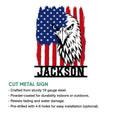 Close-up product feature of an eagle metal sign with a distressed American flag backdrop and bold patriotic artwork