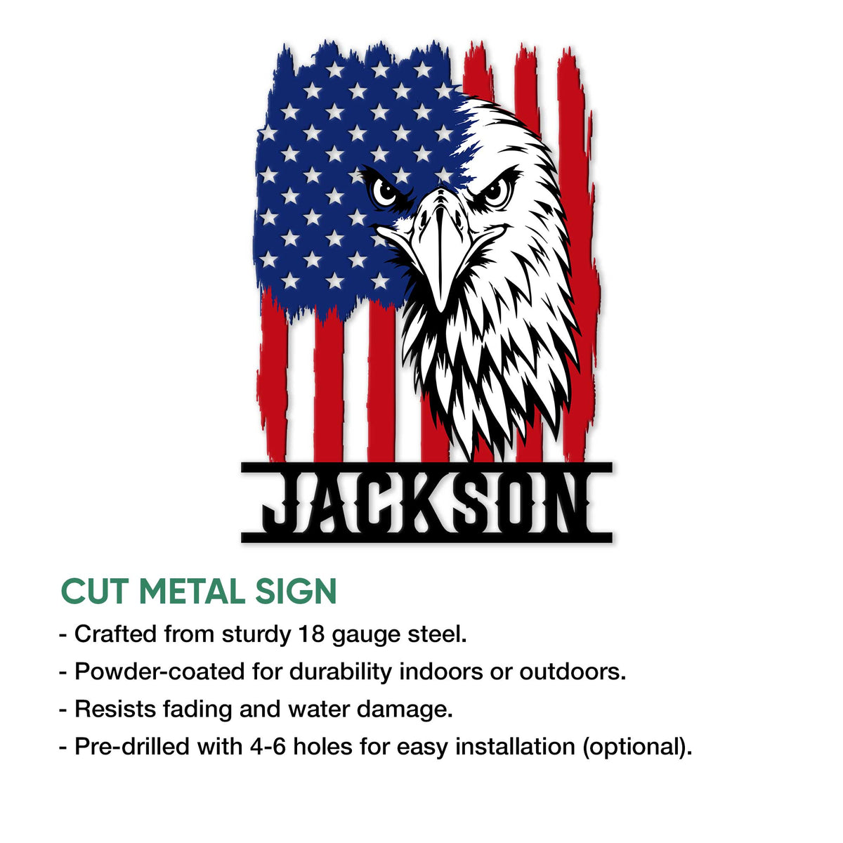 Close-up product feature of an eagle metal sign with a distressed American flag backdrop and bold patriotic artwork