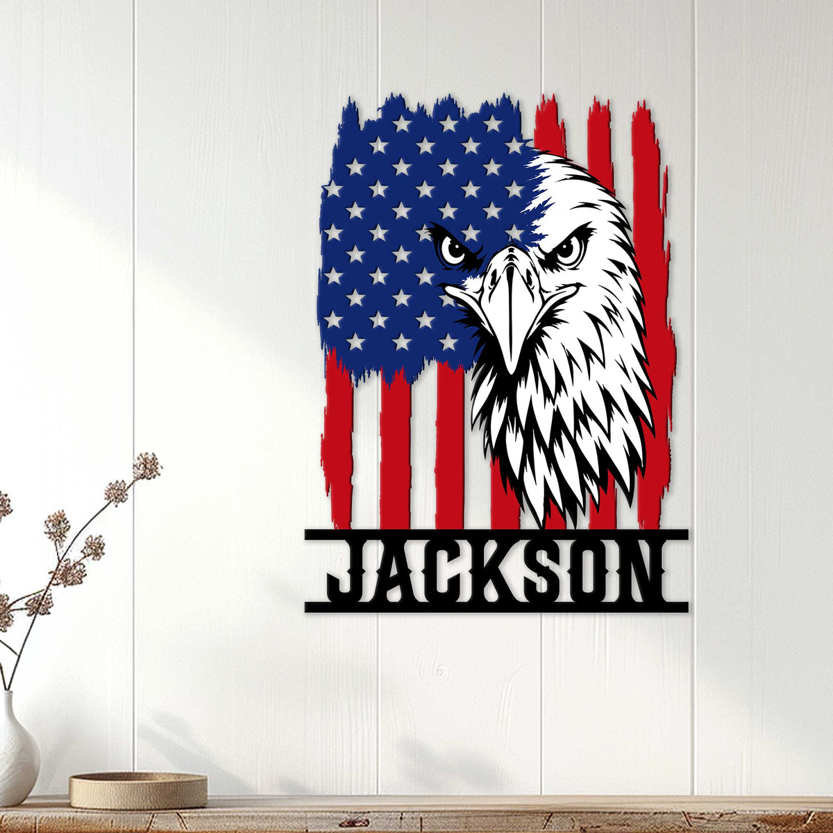 Patriotic eagle wall sign displayed on a bright wood-paneled wall in a home decor setting