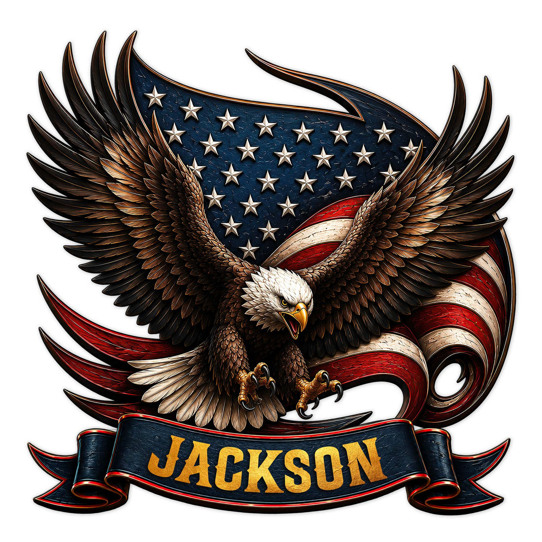 Patriotic eagle metal sign with spread wings, American flag colors, stars, and a decorative banner