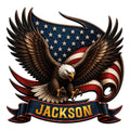 Patriotic eagle metal sign with spread wings, American flag colors, stars, and a decorative banner