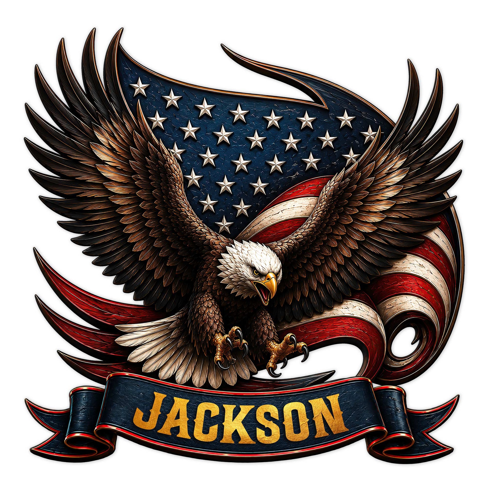 Patriotic eagle metal sign with spread wings, American flag colors, stars, and a decorative banner