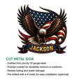 Patriotic bald eagle cut metal sign featuring stars, flag stripes, and a bold American design