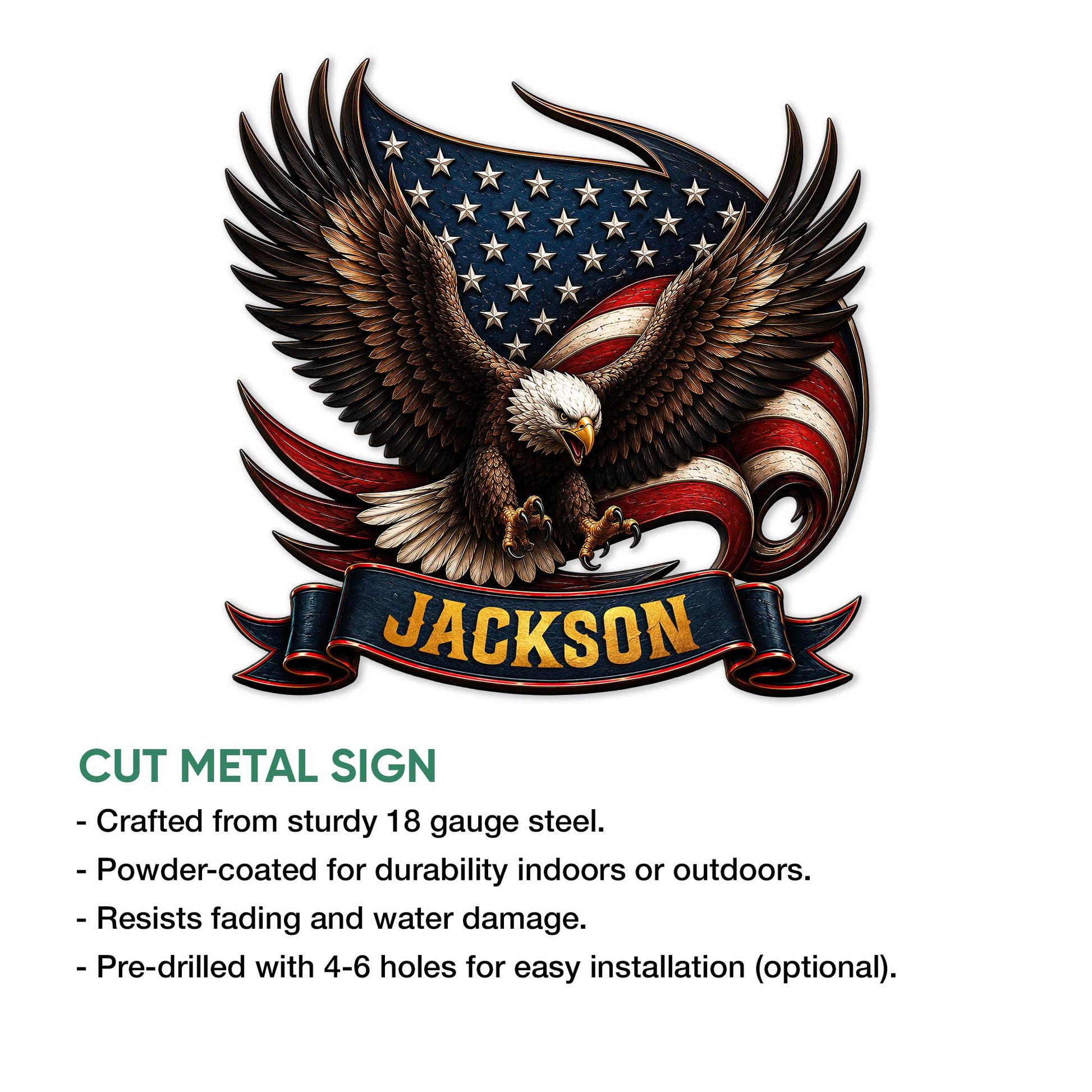 Patriotic bald eagle cut metal sign featuring stars, flag stripes, and a bold American design
