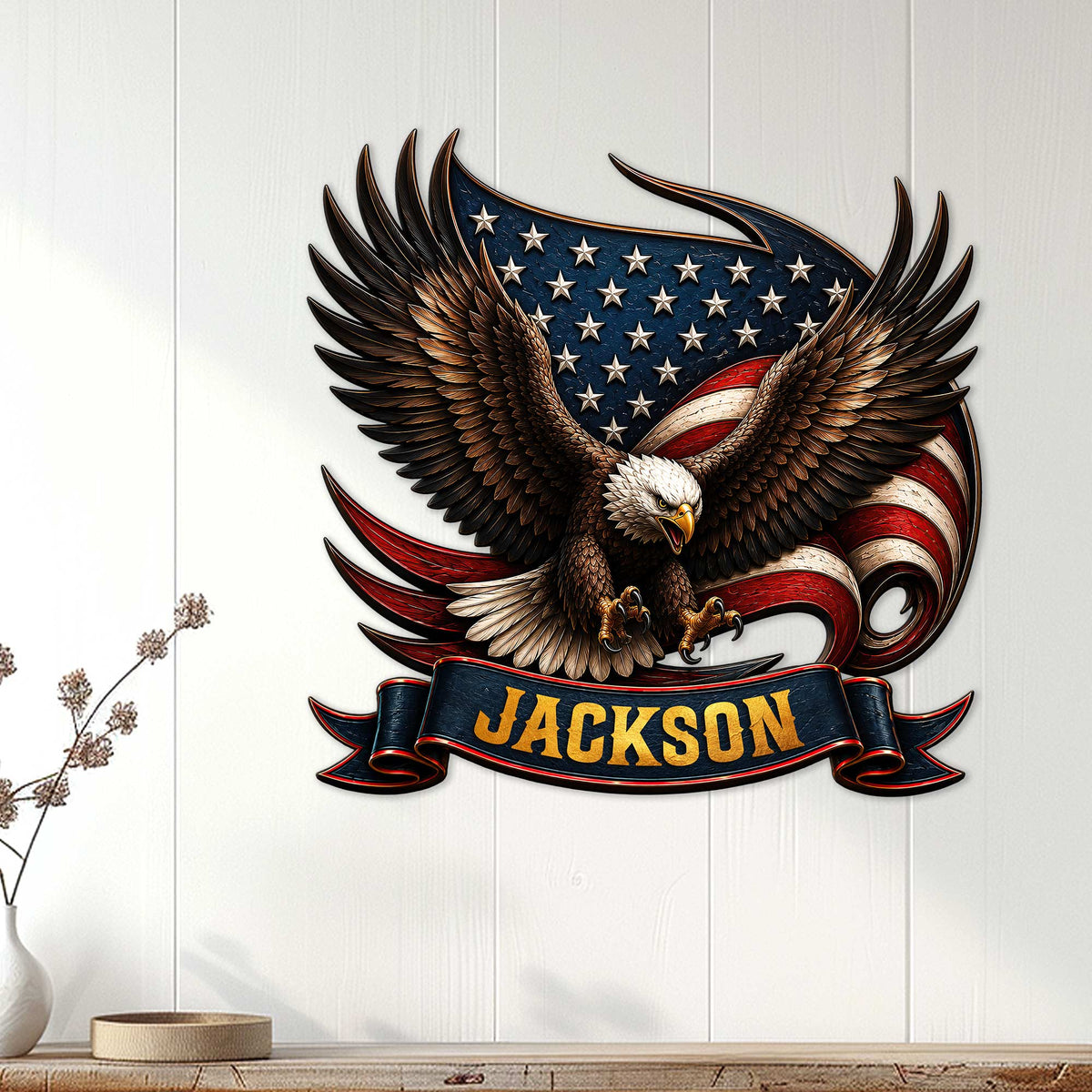 Patriotic eagle wall sign displayed on a white paneled wall in a bright home interior