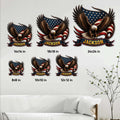 Patriotic eagle metal sign size guide showing multiple square size options on a wall