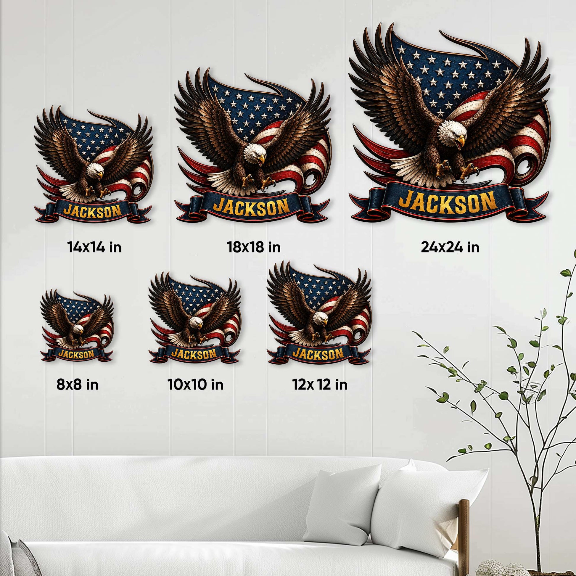 Patriotic eagle metal sign size guide showing multiple square size options on a wall