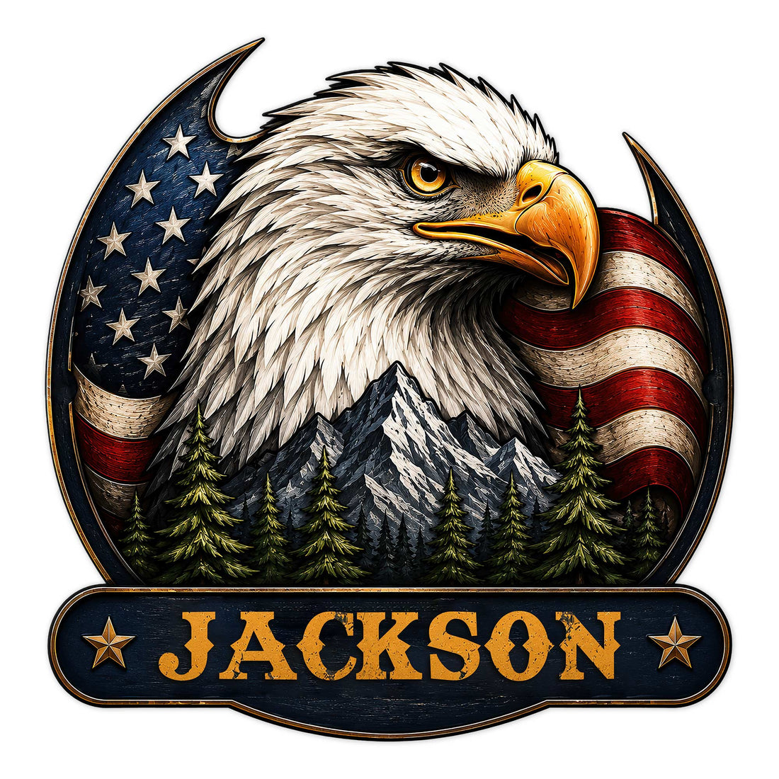 Patriotic eagle metal sign featuring an American flag, mountain peaks, evergreen trees, and a bold eagle portrait