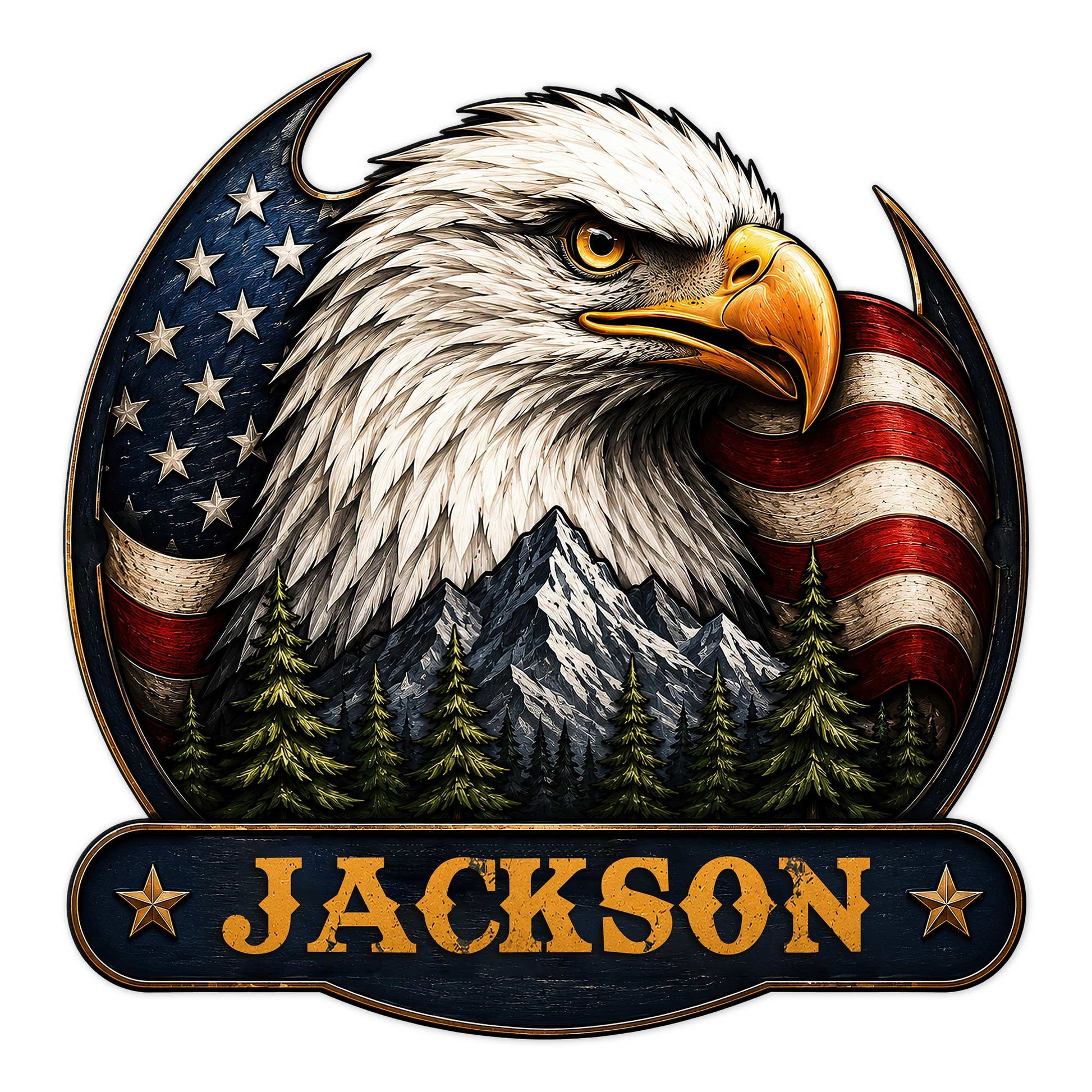 Patriotic eagle metal sign featuring an American flag, mountain peaks, evergreen trees, and a bold eagle portrait
