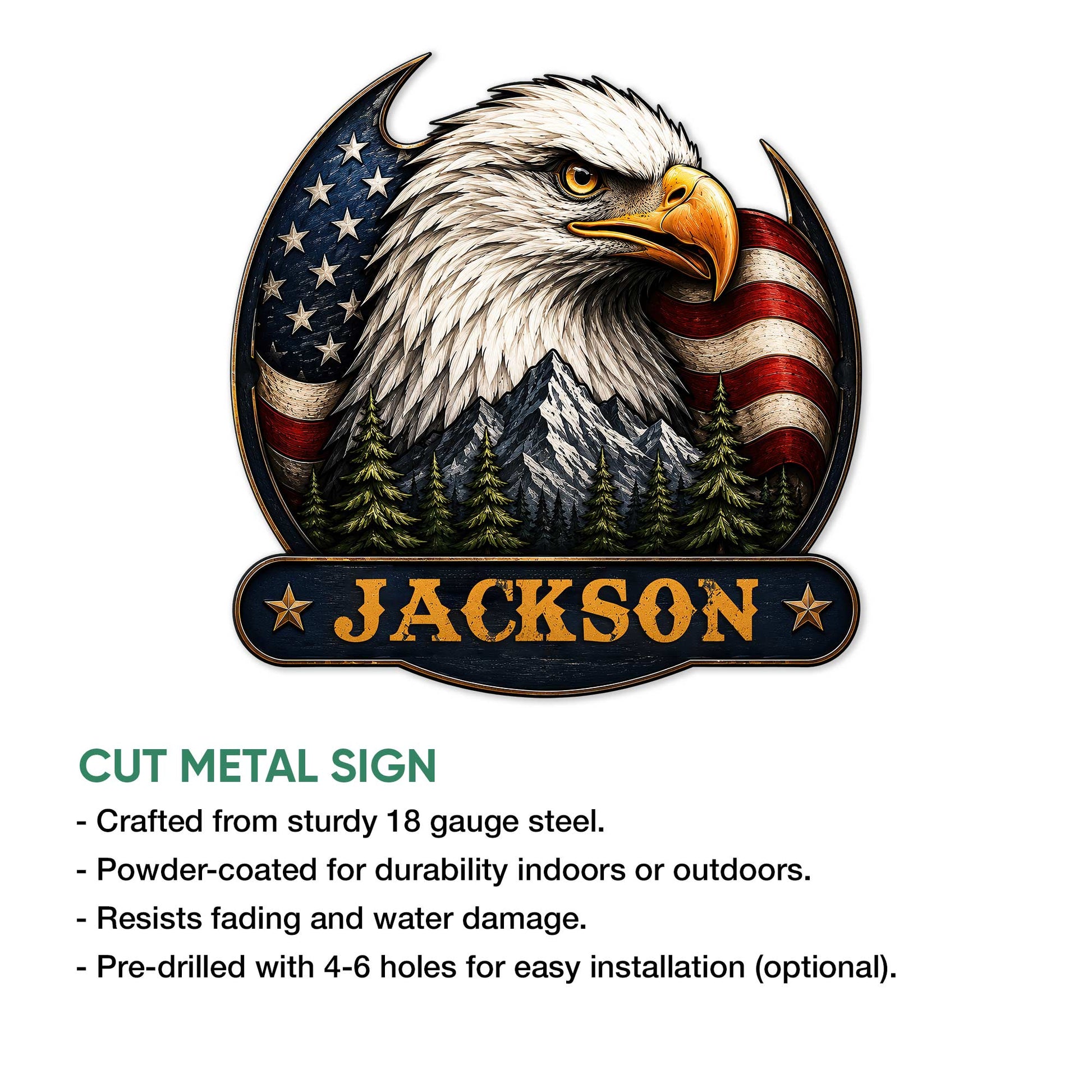 Cut metal eagle sign with a patriotic American flag and mountain artwork shown in a product feature graphic
