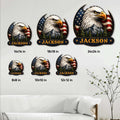 Patriotic eagle metal sign size guide showing six square size options from 8 by 8 to 24 by 24 inches