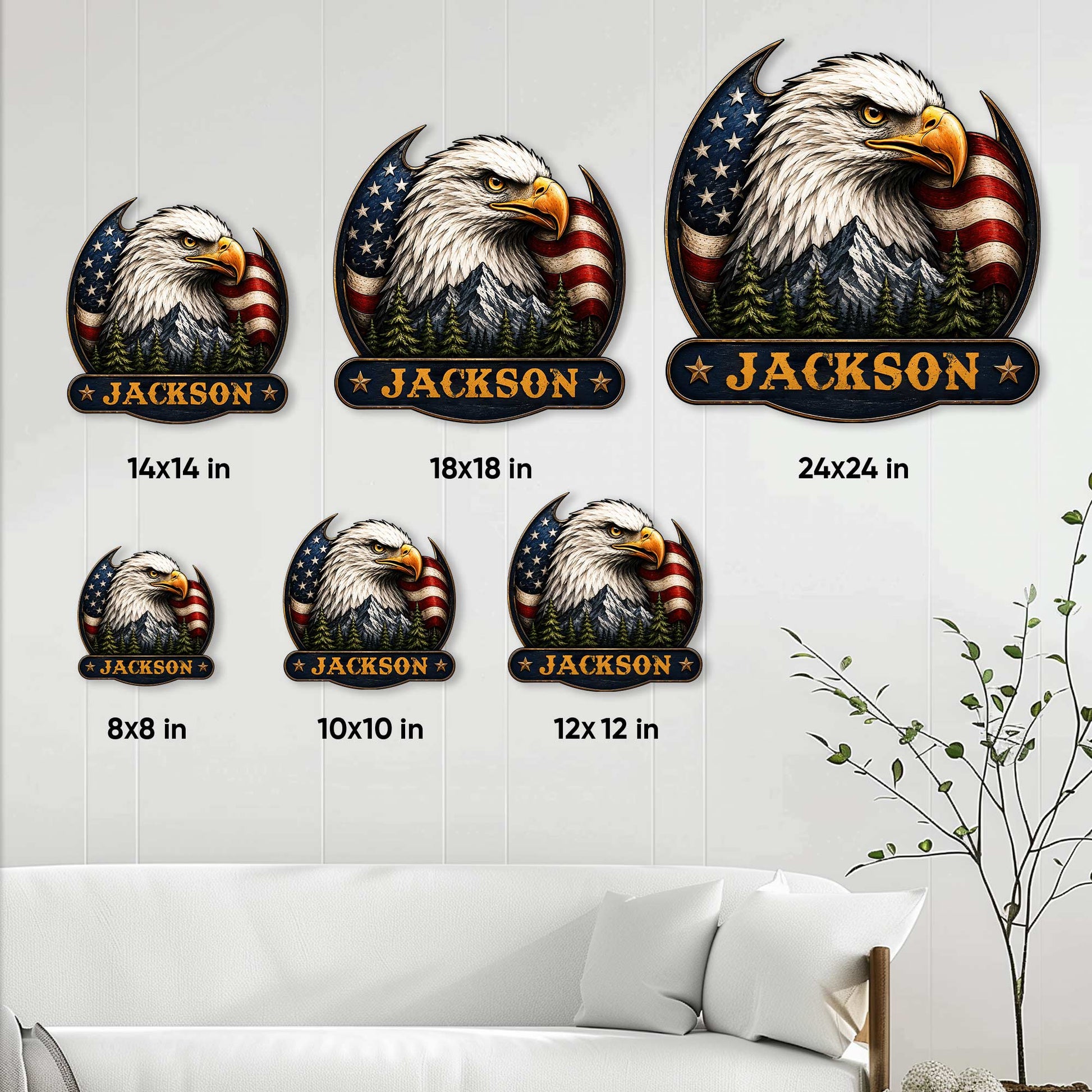 Patriotic eagle metal sign size guide showing six square size options from 8 by 8 to 24 by 24 inches