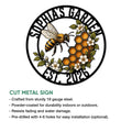 Bee garden metal sign feature graphic showing the floral honeybee artwork and cut metal sign details
