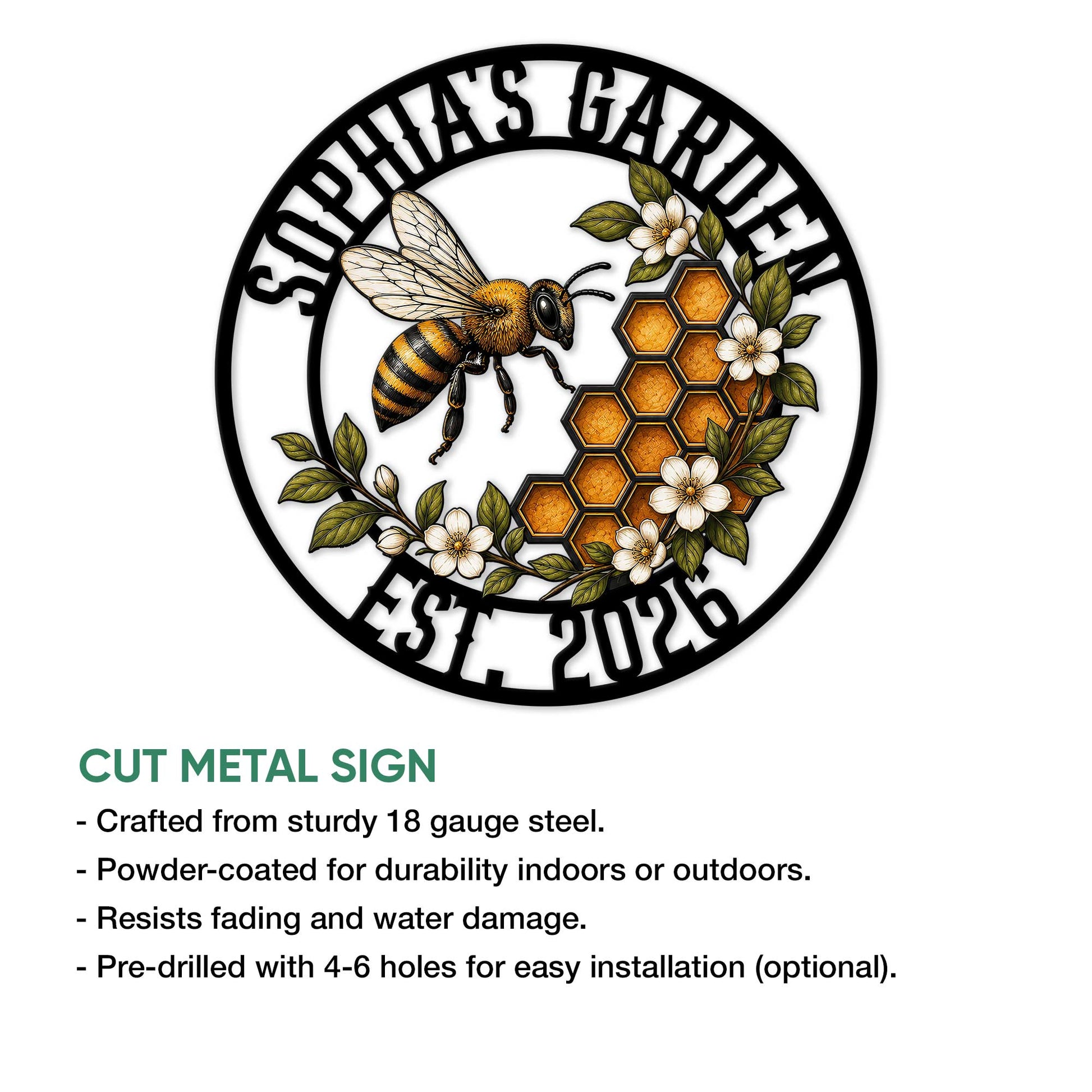 Bee garden metal sign feature graphic showing the floral honeybee artwork and cut metal sign details
