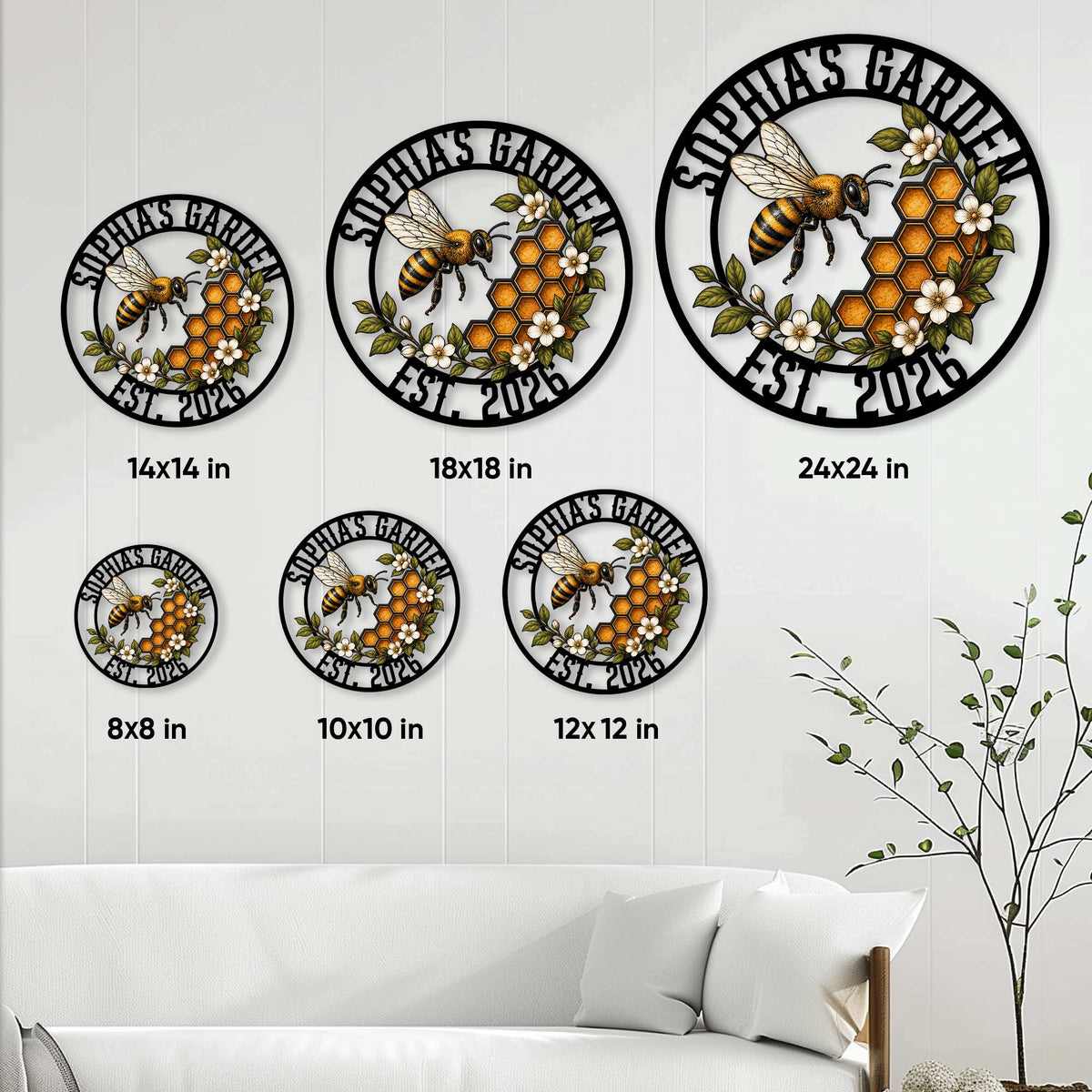 Bee garden metal sign size guide showing available round sizes from 8 by 8 to 24 by 24 inches