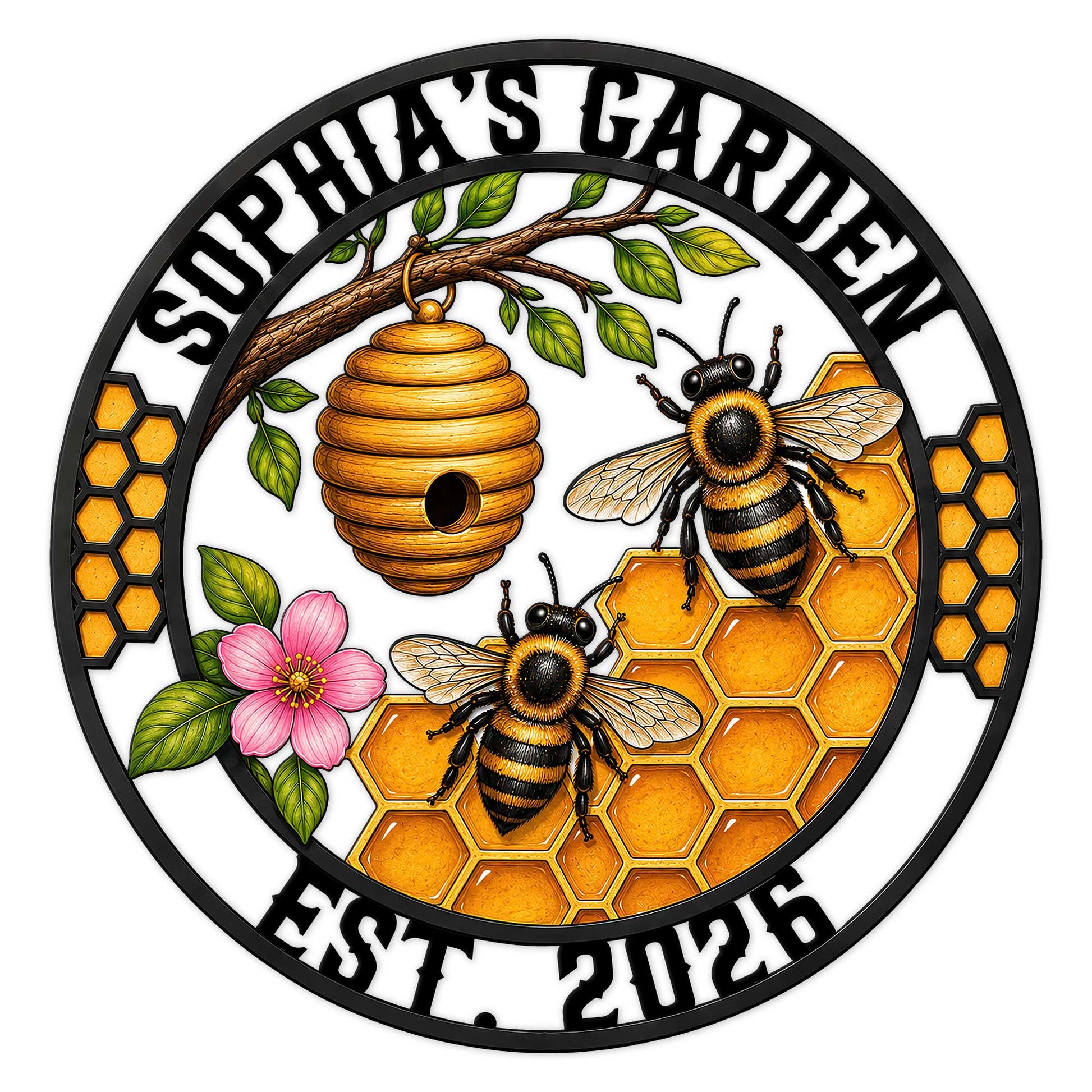 Custom bee metal sign featuring honeybees, a wooden hive, honeycomb, green leaves, and a pink flower