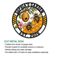 Honeybee garden metal sign with two bees, a beehive, honeycomb pattern, and colorful botanical details